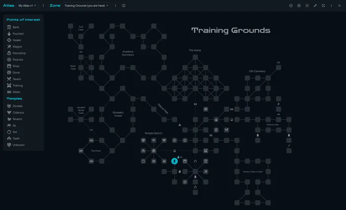 The Auto-Mapper's large map of the Training Grounds, with your position marked and a legend of points of interest and temples beside it