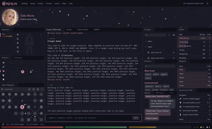 Merlin's game window during target practice: the game's text in the middle, with the injuries, tactics, map, scripts, speech, skills, magick and inventory panels around it