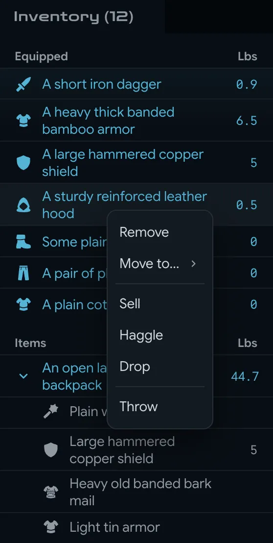 The Inventory panel listing equipped weapons and armor with their weights and an open backpack, with a right-click menu offering Remove, Move to, Sell, Haggle, Drop and Throw