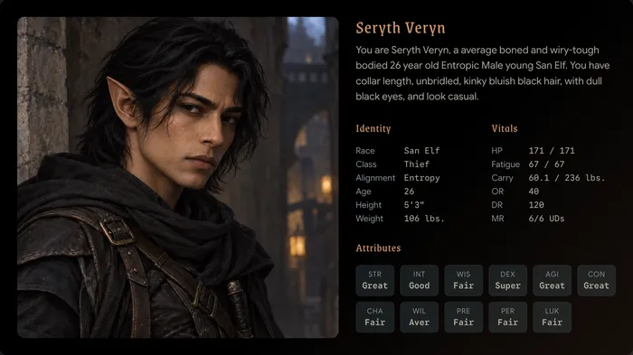 Seryth Veryn's character card: a portrait of an elf thief beside the character's description, identity, vitals and attributes