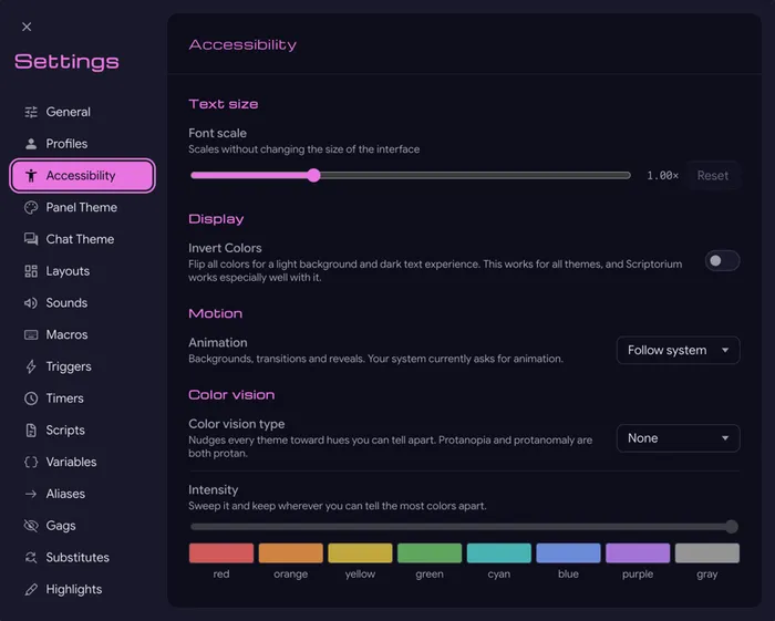 Settings open on the Accessibility page, with font scale, inverted colors, animation and color vision options beside the list of settings pages