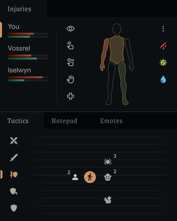 The Injuries and Tactics panels mid-fight: wounds on a body diagram with bleeding, infected and thirsty warnings, and orks, forest spiders and a rabid squirrel placed by rank around you and two companions